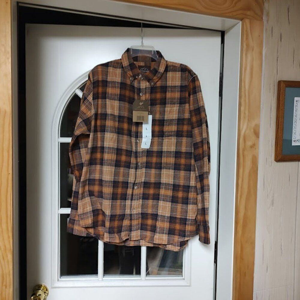 New Mountain Ridge Rust Navy Plaid Button Down Flannel Size Men's L